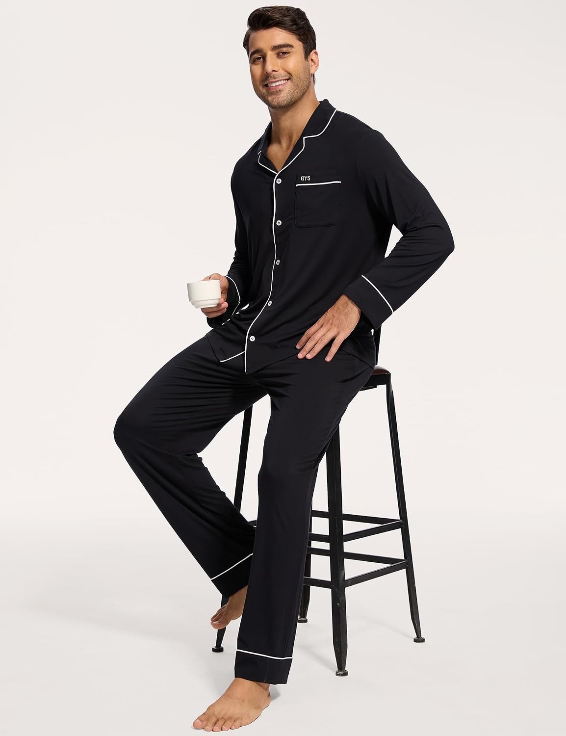 image:imageGYS Mens Bamboo Viscose Long Sleeve Pajamas Set Button Down 2 Pieces Sleepwear MoistureWicking Pjs for Hot Sleepers Comes with Storage BagBlack