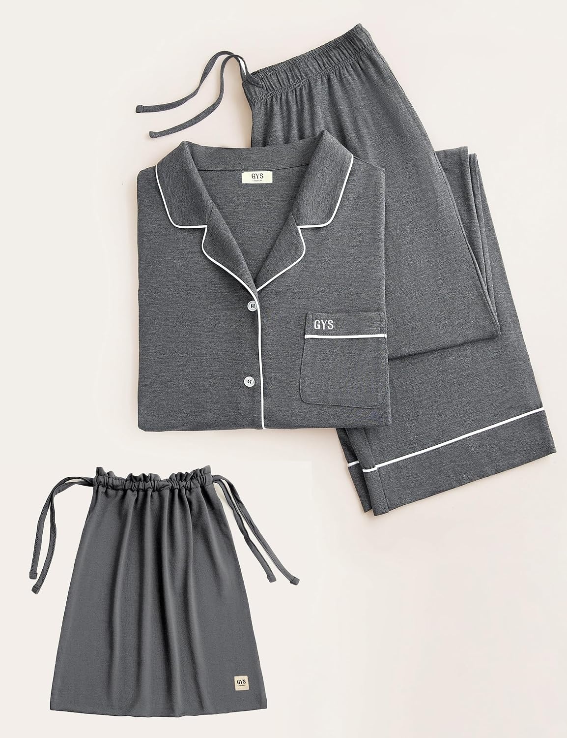image:imageGYS Mens Bamboo Viscose Long Sleeve Pajamas Set Button Down 2 Pieces Sleepwear MoistureWicking Pjs for Hot Sleepers Comes with Storage BagDark Heather Grey