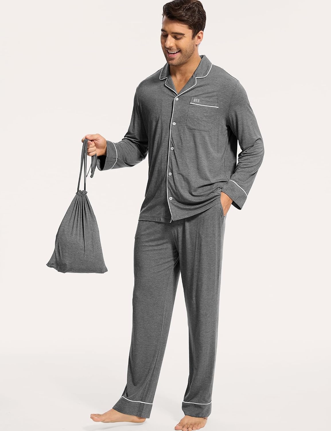 image:imageGYS Mens Bamboo Viscose Long Sleeve Pajamas Set Button Down 2 Pieces Sleepwear MoistureWicking Pjs for Hot Sleepers Comes with Storage BagDark Heather Grey