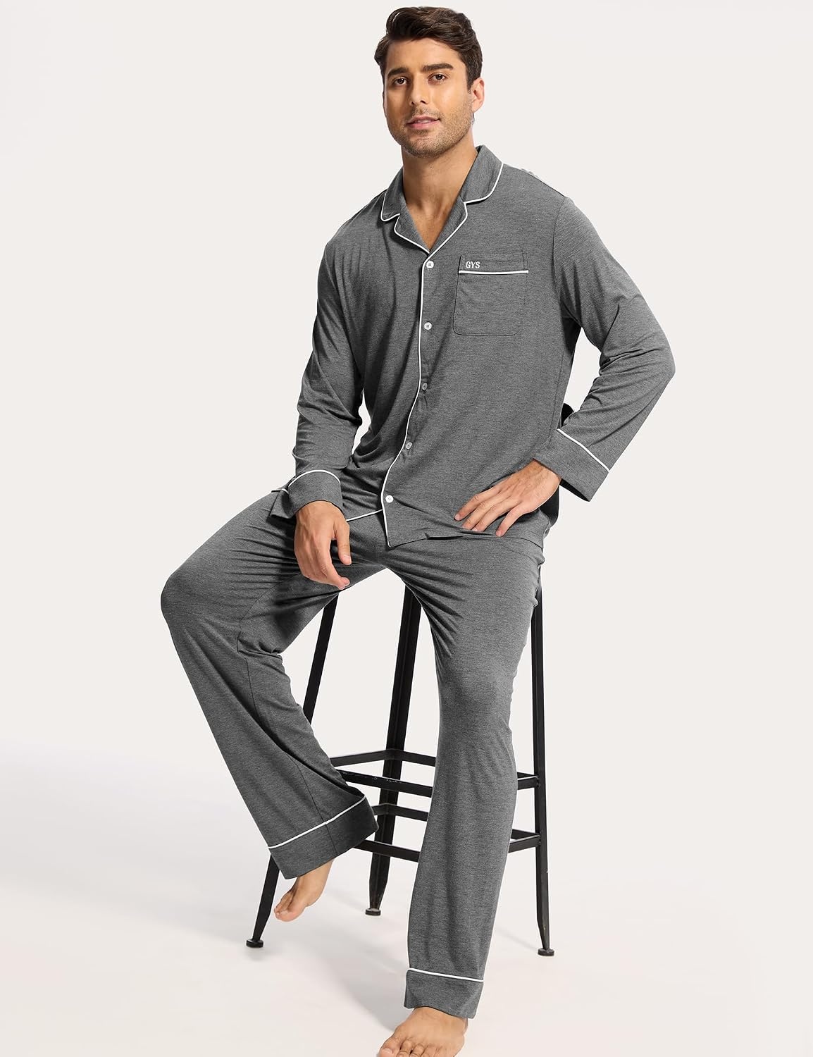 image:imageGYS Mens Bamboo Viscose Long Sleeve Pajamas Set Button Down 2 Pieces Sleepwear MoistureWicking Pjs for Hot Sleepers Comes with Storage BagDark Heather Grey