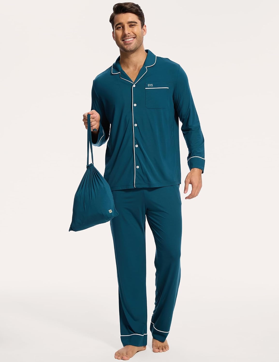 image:imageGYS Mens Bamboo Viscose Long Sleeve Pajamas Set Button Down 2 Pieces Sleepwear MoistureWicking Pjs for Hot Sleepers Comes with Storage BagInk Blue