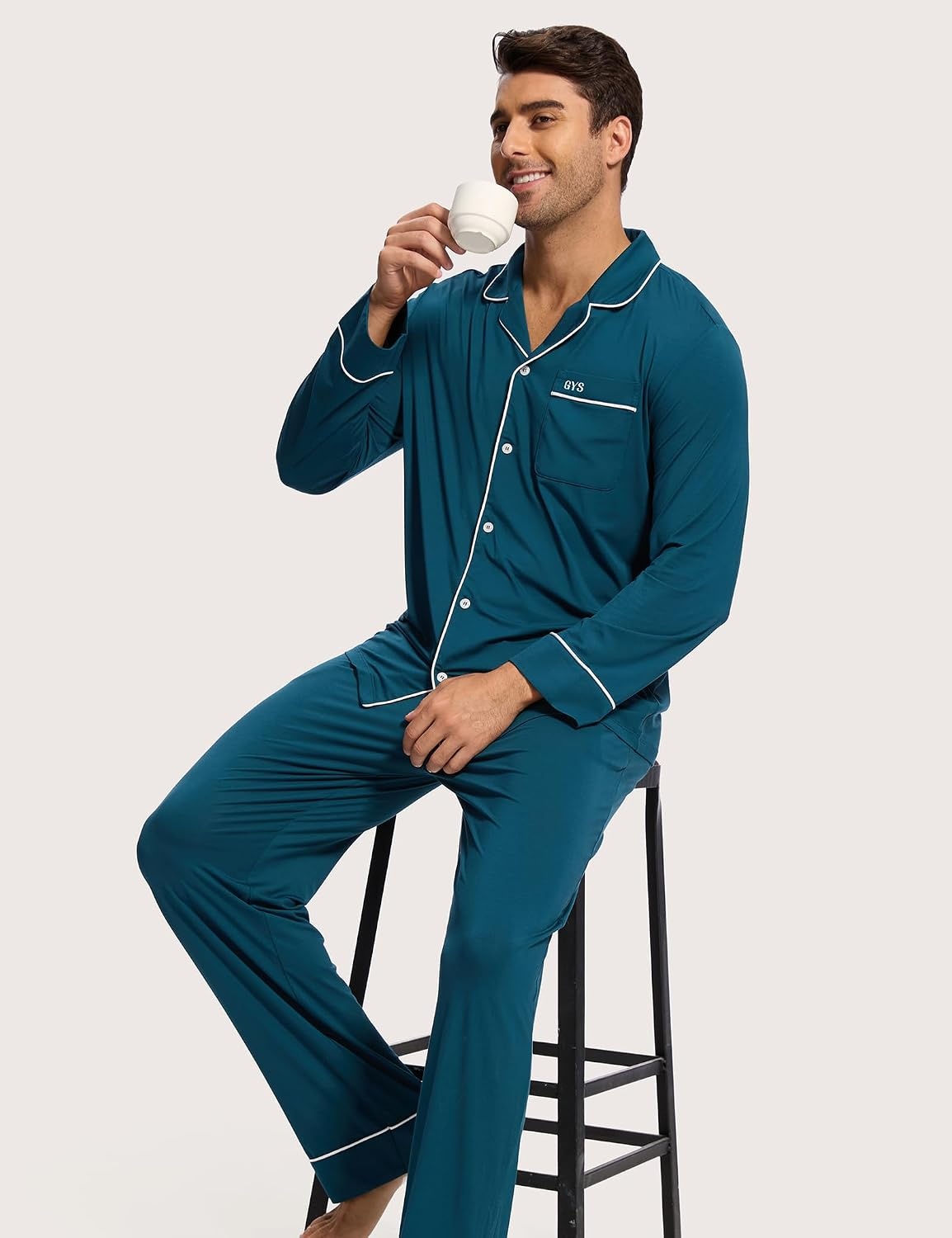 image:imageGYS Mens Bamboo Viscose Long Sleeve Pajamas Set Button Down 2 Pieces Sleepwear MoistureWicking Pjs for Hot Sleepers Comes with Storage BagInk Blue