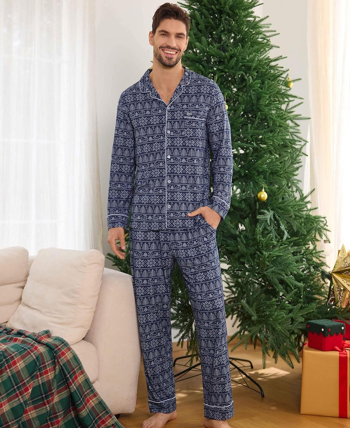 image:imageGYS Mens Bamboo Viscose Long Sleeve Pajamas Set Button Down 2 Pieces Sleepwear MoistureWicking Pjs for Hot Sleepers Comes with Storage BagNavy Elk