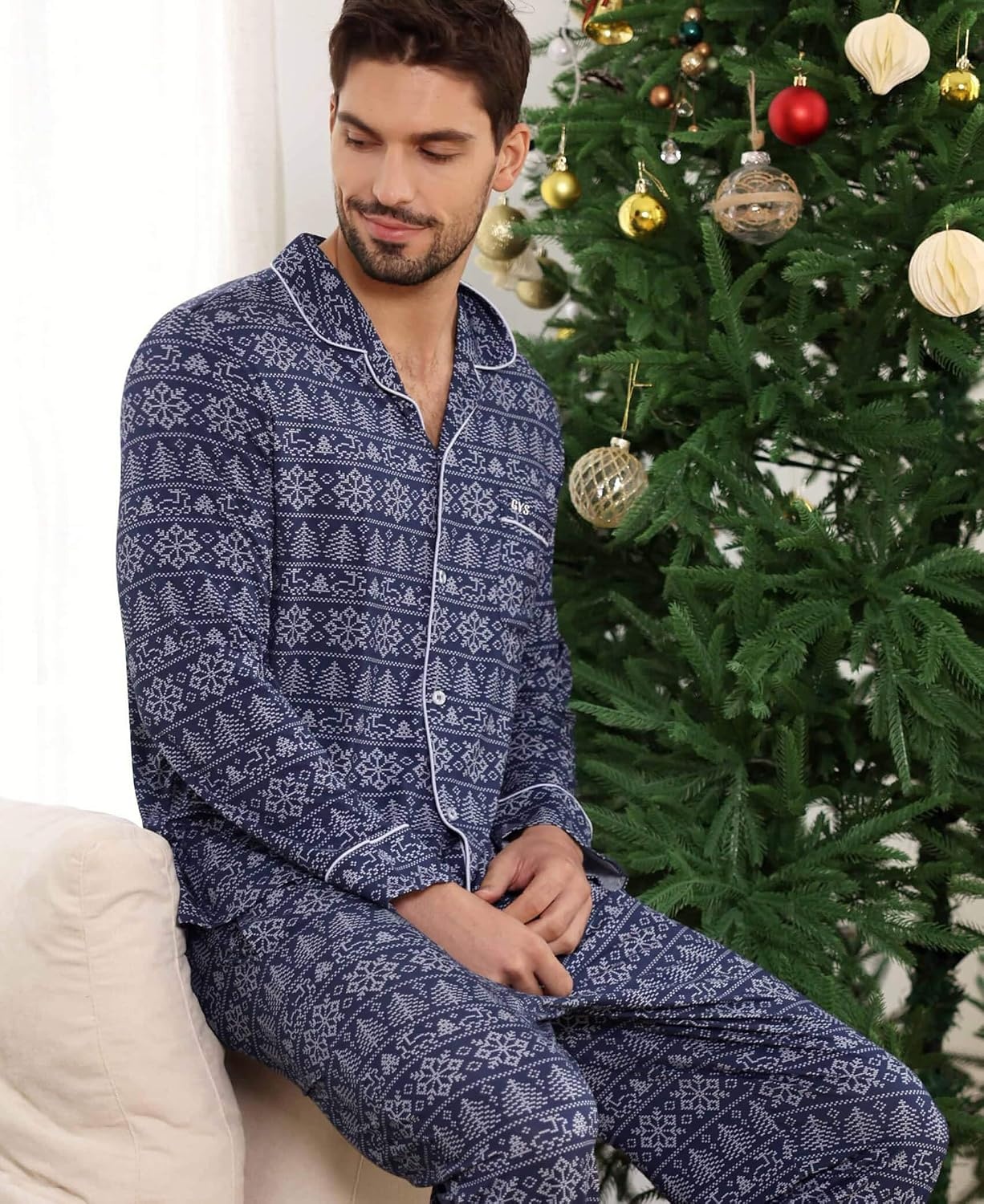 image:imageGYS Mens Bamboo Viscose Long Sleeve Pajamas Set Button Down 2 Pieces Sleepwear MoistureWicking Pjs for Hot Sleepers Comes with Storage BagNavy Elk