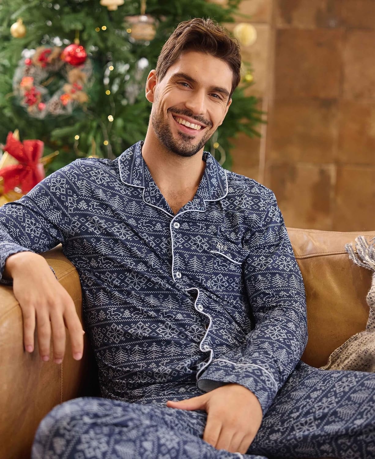 image:imageGYS Mens Bamboo Viscose Long Sleeve Pajamas Set Button Down 2 Pieces Sleepwear MoistureWicking Pjs for Hot Sleepers Comes with Storage BagNavy Elk