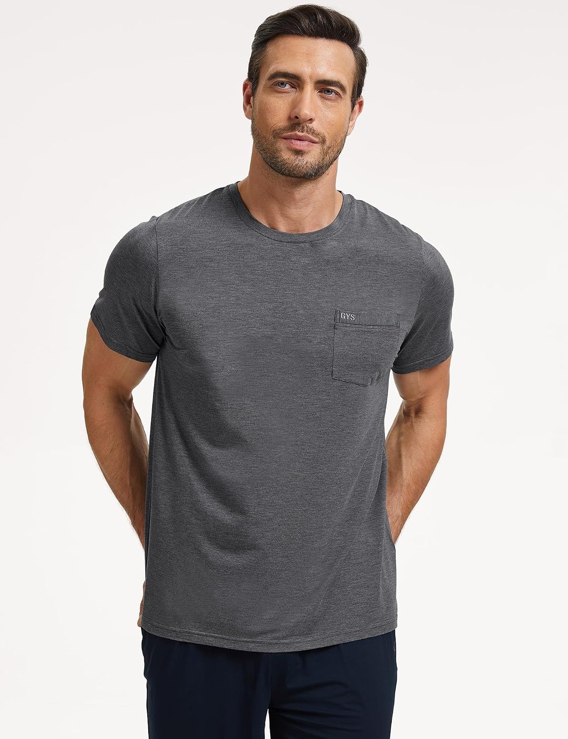 image:imageGYS Mens Bamboo Viscose Pajama Top Short Sleeve Sleep Shirt Cooling for Hot Sleepers Crew Neck Chest Pocket MoistureWickingDark Heather Grey