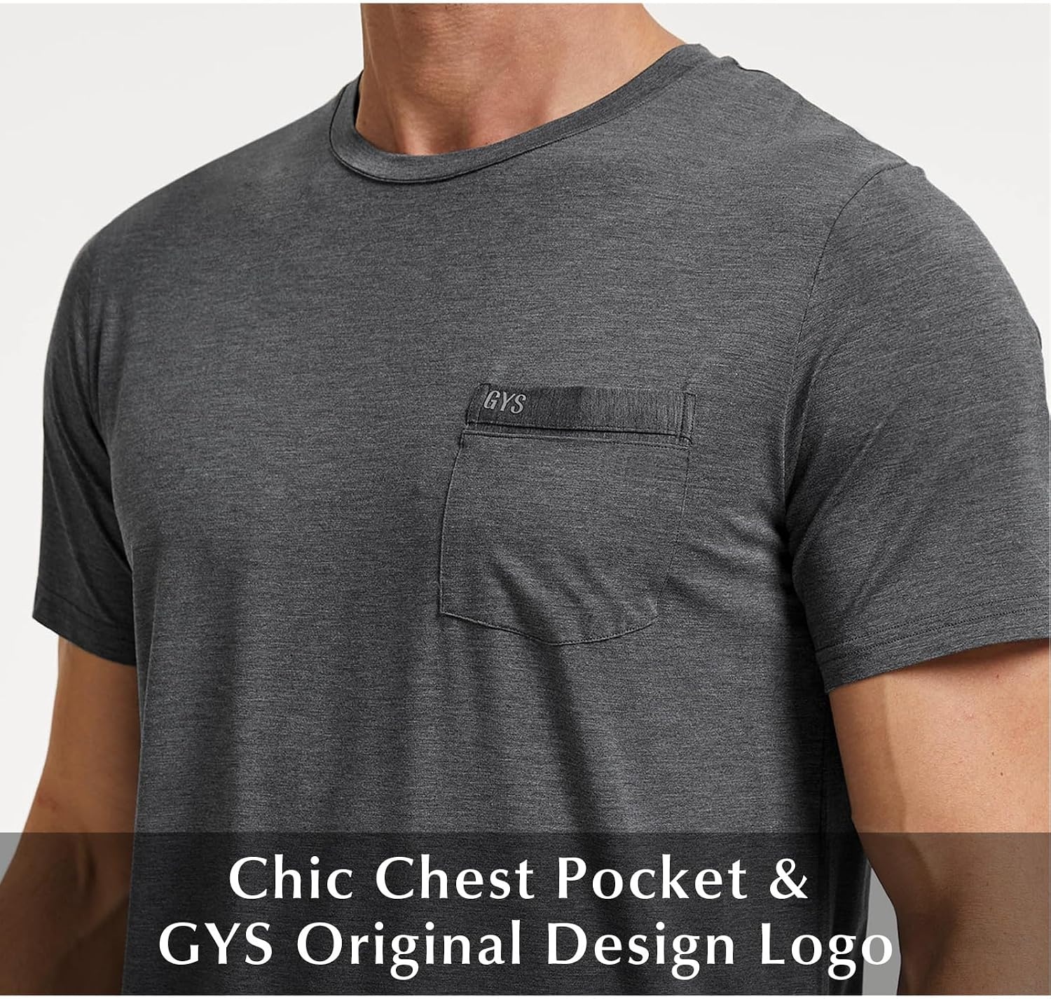 image:imageGYS Mens Bamboo Viscose Pajama Top Short Sleeve Sleep Shirt Cooling for Hot Sleepers Crew Neck Chest Pocket MoistureWickingDark Heather Grey