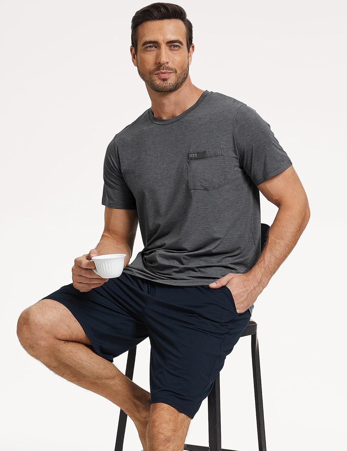 image:imageGYS Mens Bamboo Viscose Pajama Top Short Sleeve Sleep Shirt Cooling for Hot Sleepers Crew Neck Chest Pocket MoistureWickingDark Heather Grey