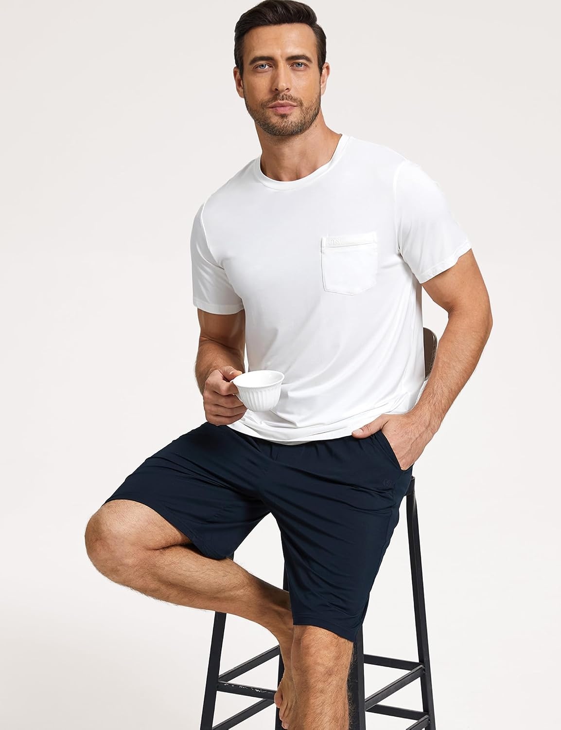 image:imageGYS Mens Bamboo Viscose Pajama Top Short Sleeve Sleep Shirt Cooling for Hot Sleepers Crew Neck Chest Pocket MoistureWickingWhite