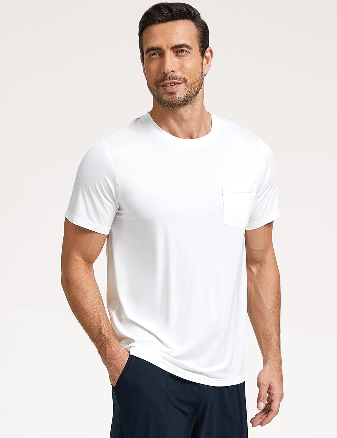 image:imageGYS Mens Bamboo Viscose Pajama Top Short Sleeve Sleep Shirt Cooling for Hot Sleepers Crew Neck Chest Pocket MoistureWickingWhite