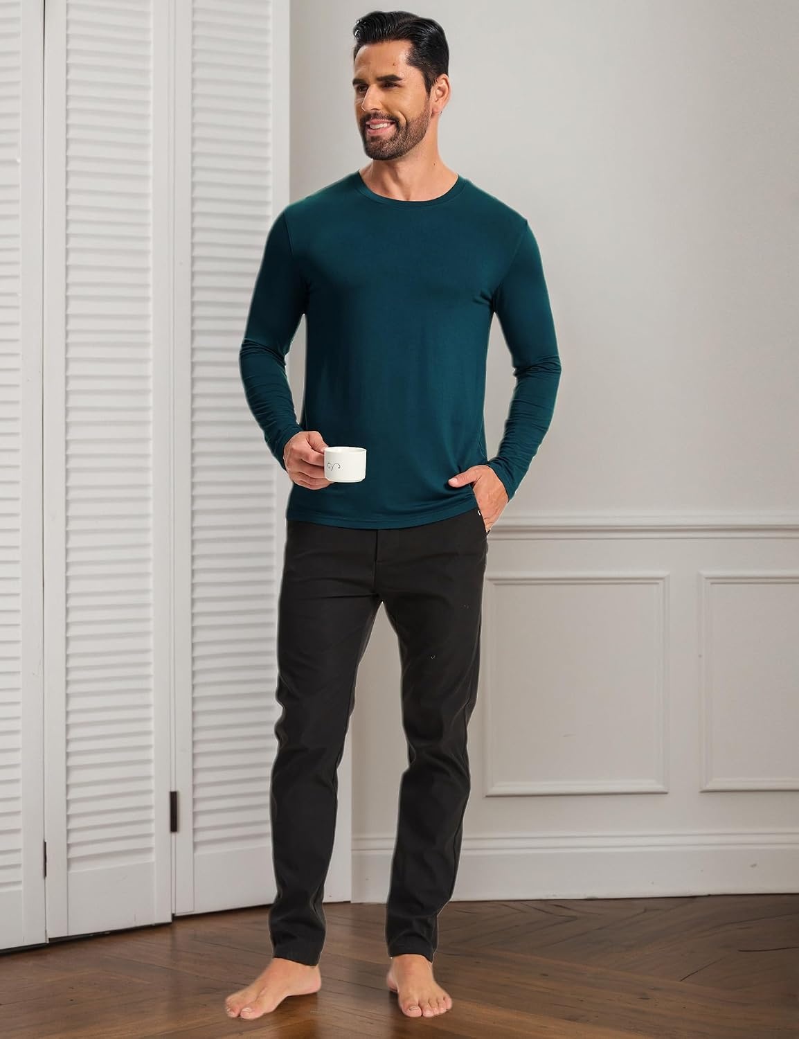 image:imageGYS Mens Bamboo Viscose Pajama Top Cooling Long Sleeve Shirts Moisture wicking Breathable Tagless Cloudsoft Relaxed fit for hot sleepers amp night sweatsIndigo