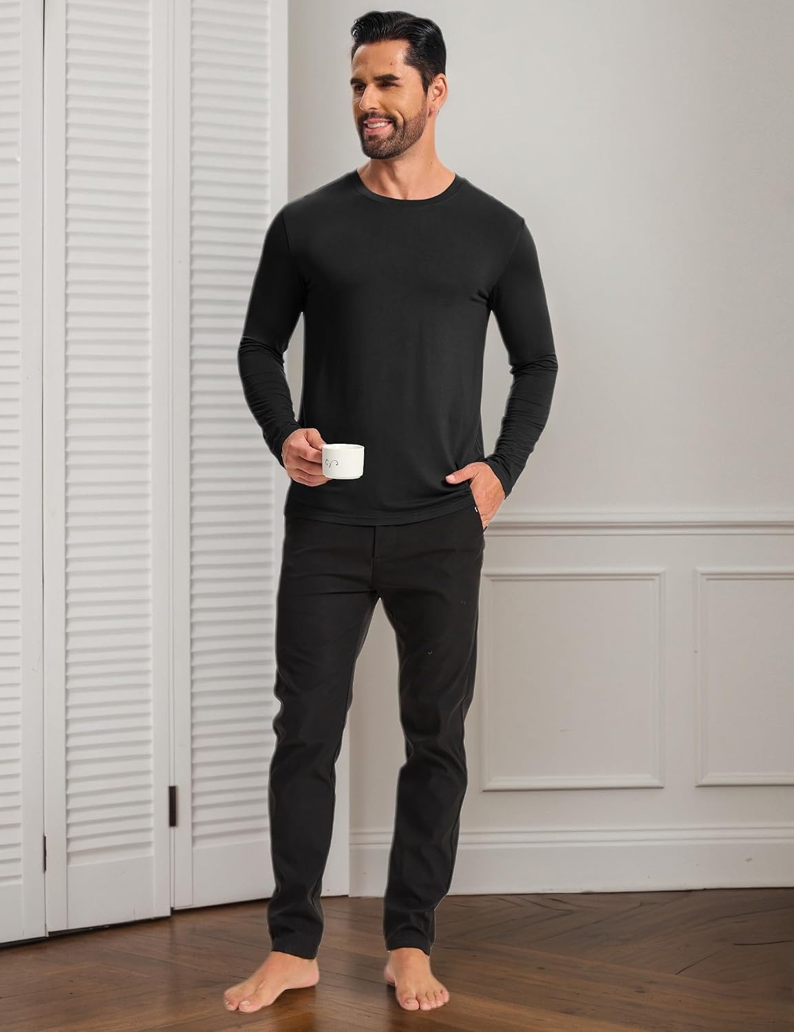 image:imageGYS Mens Bamboo Viscose Pajama Top Cooling Long Sleeve Shirts Moisture wicking Breathable Tagless Cloudsoft Relaxed fit for hot sleepers amp night sweatsBlack
