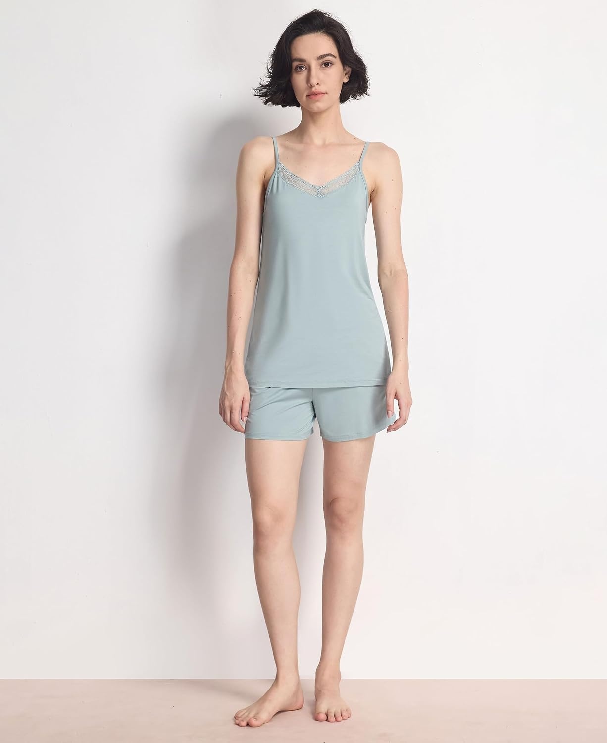 image:imageGYS Womens Bamboo Viscose Cooling Cami Pajama Set for Hot Flashes Tagless Camisole tops and shorts Lace trim Adjustable straps Elastic waist for hot flashes amp summer sleepLight Greyish Green