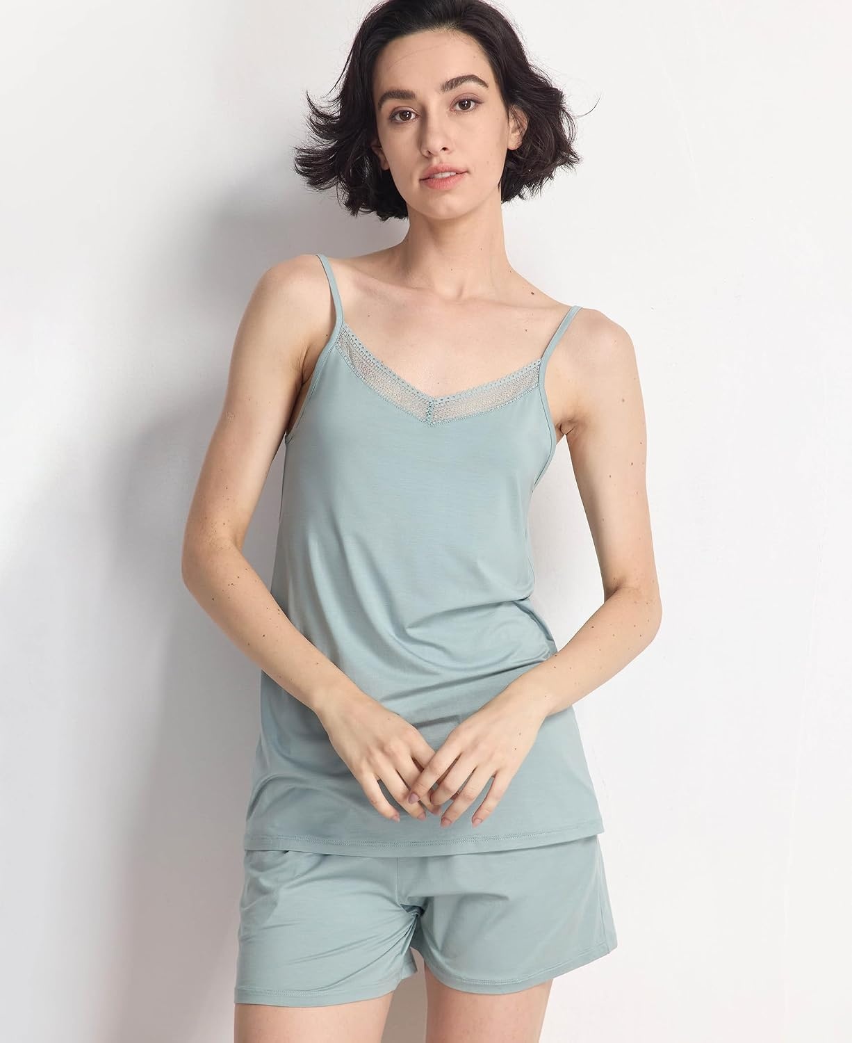 image:imageGYS Womens Bamboo Viscose Cooling Cami Pajama Set for Hot Flashes Tagless Camisole tops and shorts Lace trim Adjustable straps Elastic waist for hot flashes amp summer sleepLight Greyish Green