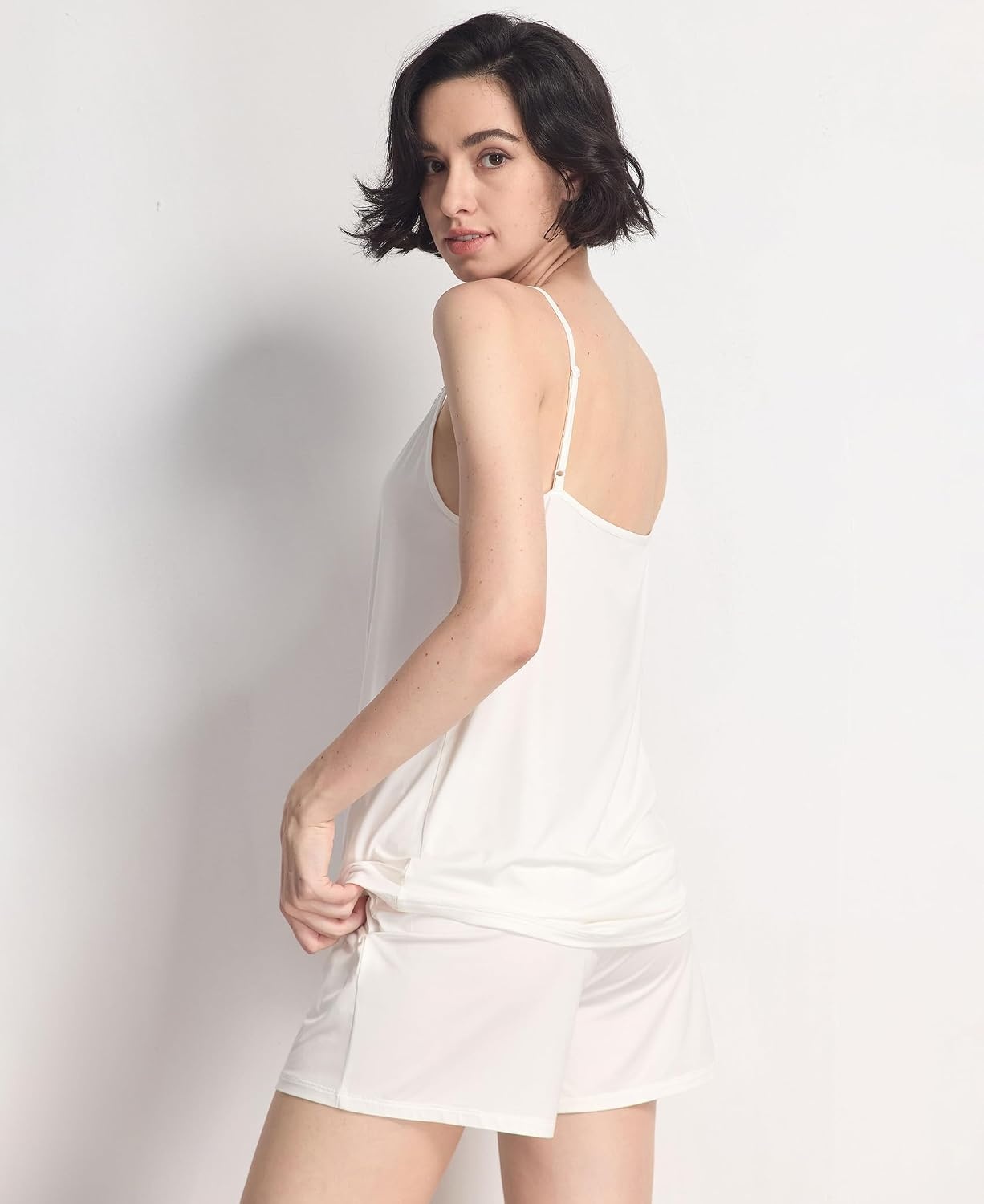 image:imageGYS Womens Bamboo Viscose Cooling Cami Pajama Set for Hot Flashes Tagless Camisole tops and shorts Lace trim Adjustable straps Elastic waist for hot flashes amp summer sleepWhite