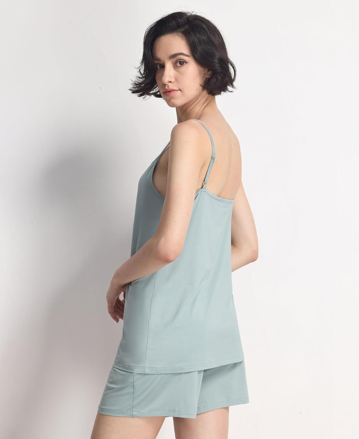 image:imageGYS Womens Bamboo Viscose Cooling Cami Pajama Set for Hot Flashes Tagless Camisole tops and shorts Lace trim Adjustable straps Elastic waist for hot flashes amp summer sleepLight Greyish Green
