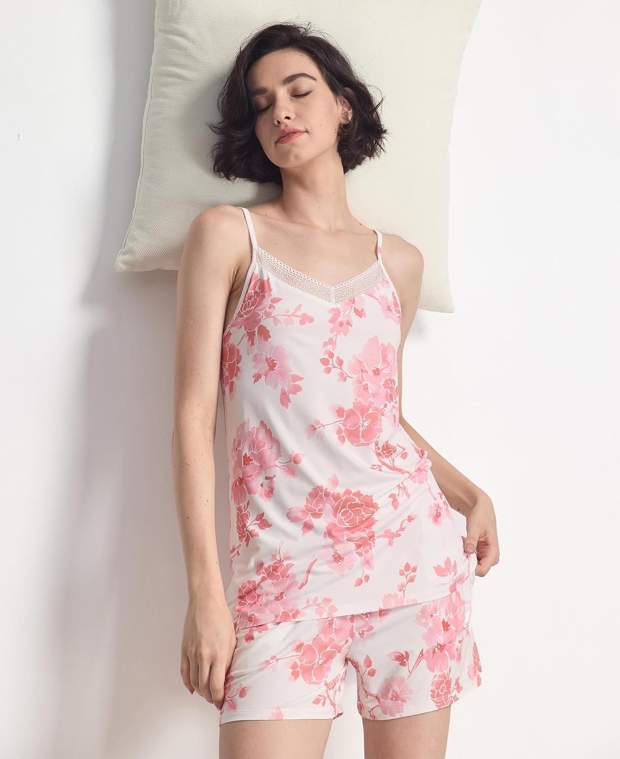 image:imageGYS Womens Bamboo Viscose Cooling Cami Pajama Set for Hot Flashes Tagless Camisole tops and shorts Lace trim Adjustable straps Elastic waist for hot flashes amp summer sleepPeony