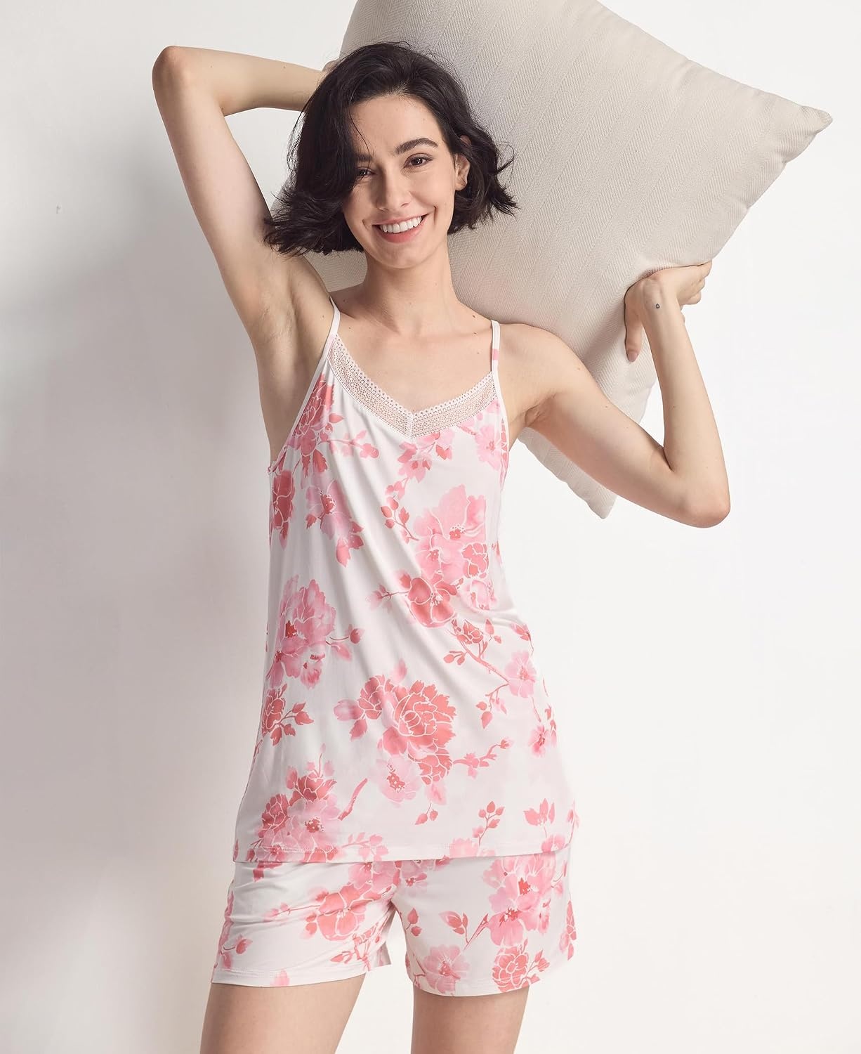 image:imageGYS Womens Bamboo Viscose Cooling Cami Pajama Set for Hot Flashes Tagless Camisole tops and shorts Lace trim Adjustable straps Elastic waist for hot flashes amp summer sleepPeony