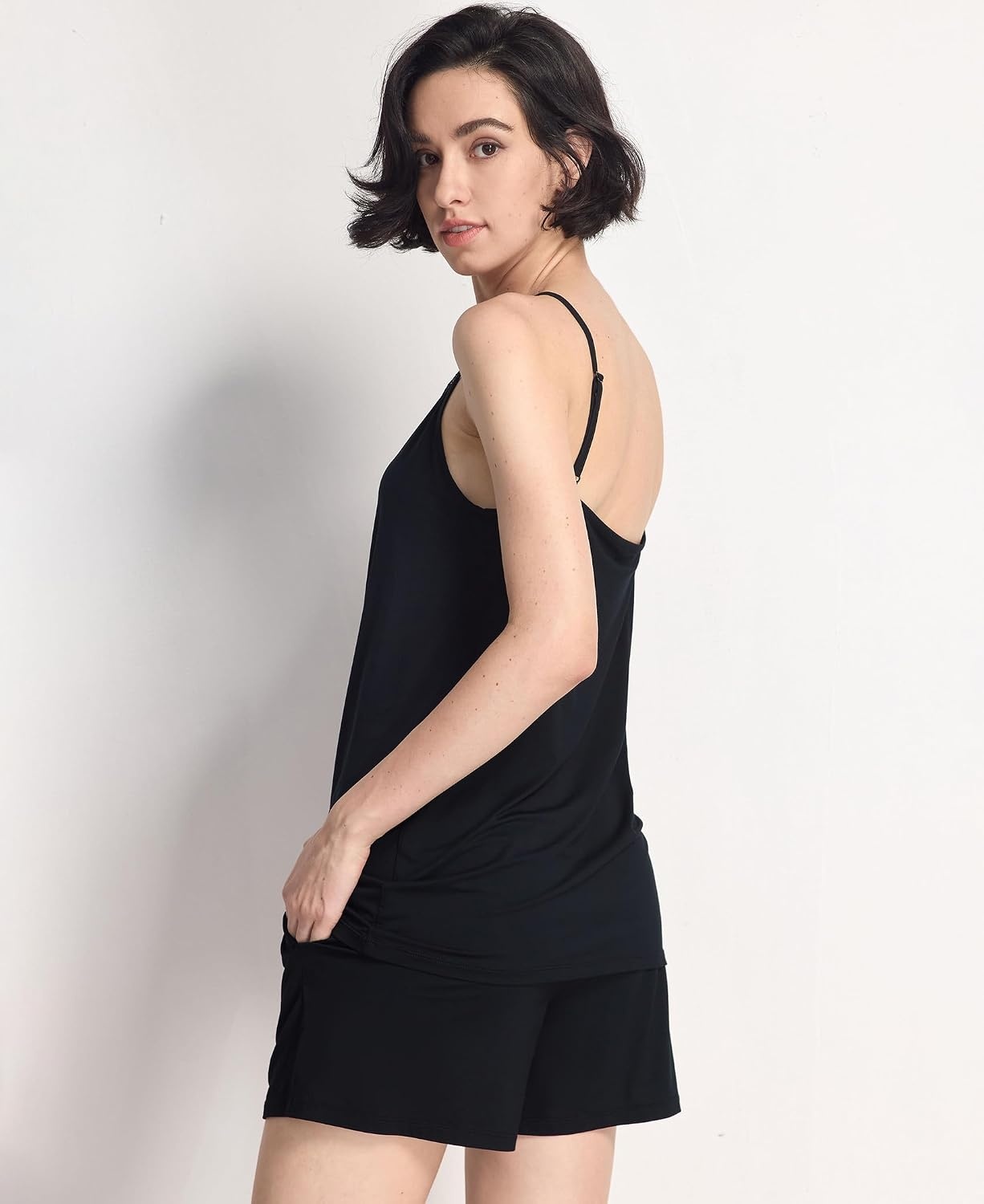 image:imageGYS Womens Bamboo Viscose Cooling Cami Pajama Set for Hot Flashes Tagless Camisole tops and shorts Lace trim Adjustable straps Elastic waist for hot flashes amp summer sleepBlack