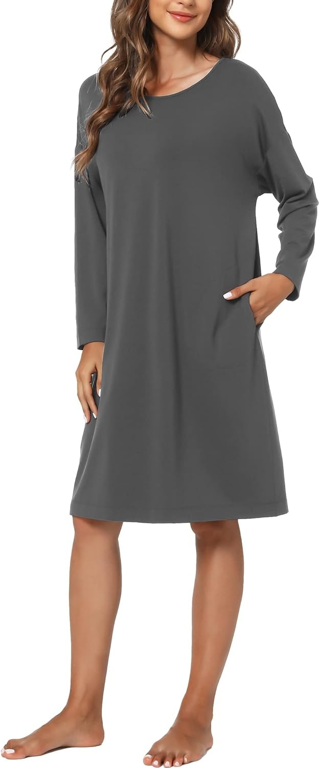 image:imageGYS Womens Bamboo Viscose Cooling Nightgown for Hot Flashes Moisture wicking Breathable Tagless Drop shoulder Long sleeve 2 pockets Durable for night sweats amp menopauseCharoal
