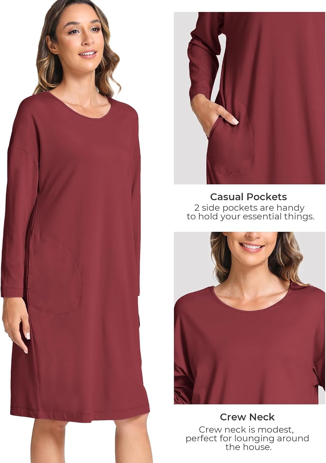 image:imageGYS Womens Bamboo Viscose Cooling Nightgown for Hot Flashes Moisture wicking Breathable Tagless Drop shoulder Long sleeve 2 pockets Durable for night sweats amp menopauseWine