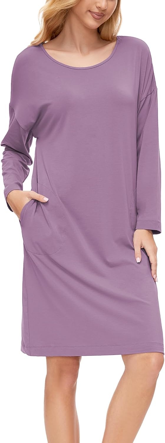 image:imageGYS Womens Bamboo Viscose Cooling Nightgown for Hot Flashes Moisture wicking Breathable Tagless Drop shoulder Long sleeve 2 pockets Durable for night sweats amp menopausePurple
