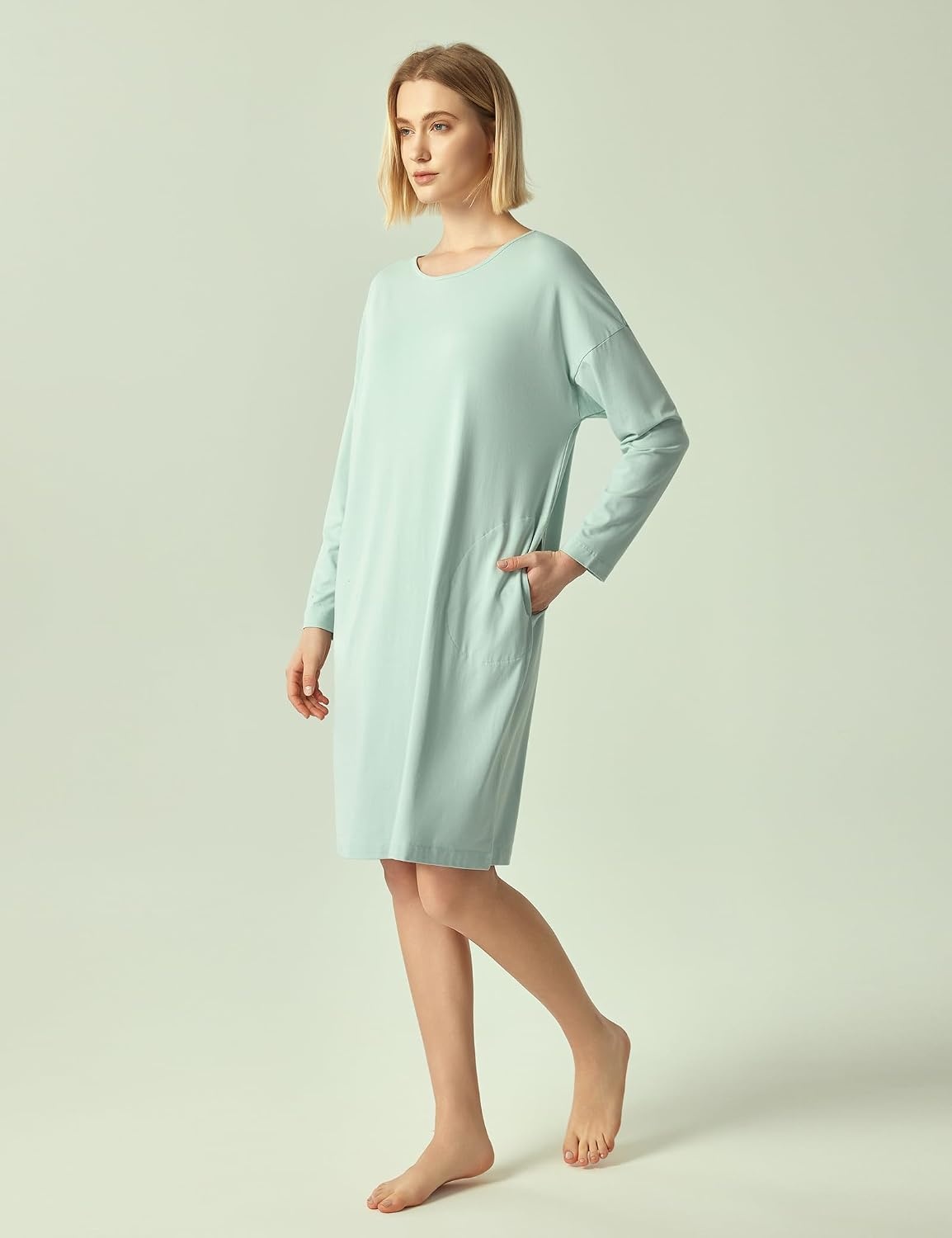 image:imageGYS Womens Bamboo Viscose Cooling Nightgown for Hot Flashes Moisture wicking Breathable Tagless Drop shoulder Long sleeve 2 pockets Durable for night sweats amp menopauseAqua Blue