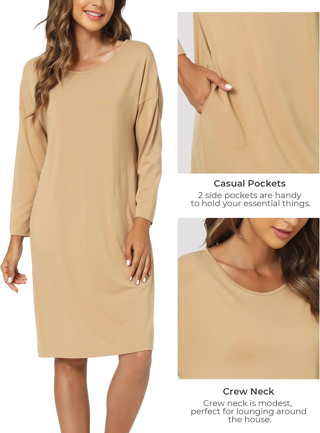 image:imageGYS Womens Bamboo Viscose Cooling Nightgown for Hot Flashes Moisture wicking Breathable Tagless Drop shoulder Long sleeve 2 pockets Durable for night sweats amp menopauseBrown