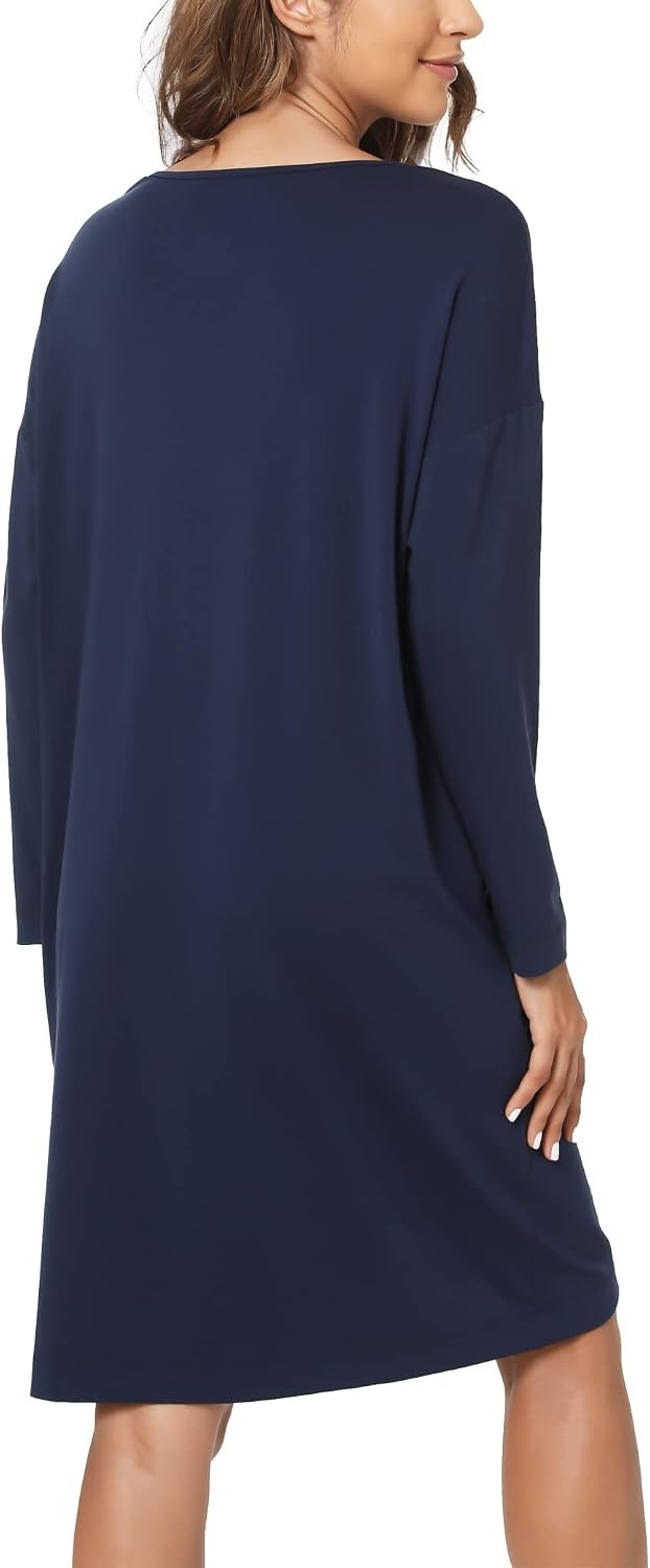 image:imageGYS Womens Bamboo Viscose Cooling Nightgown for Hot Flashes Moisture wicking Breathable Tagless Drop shoulder Long sleeve 2 pockets Durable for night sweats amp menopauseNavy