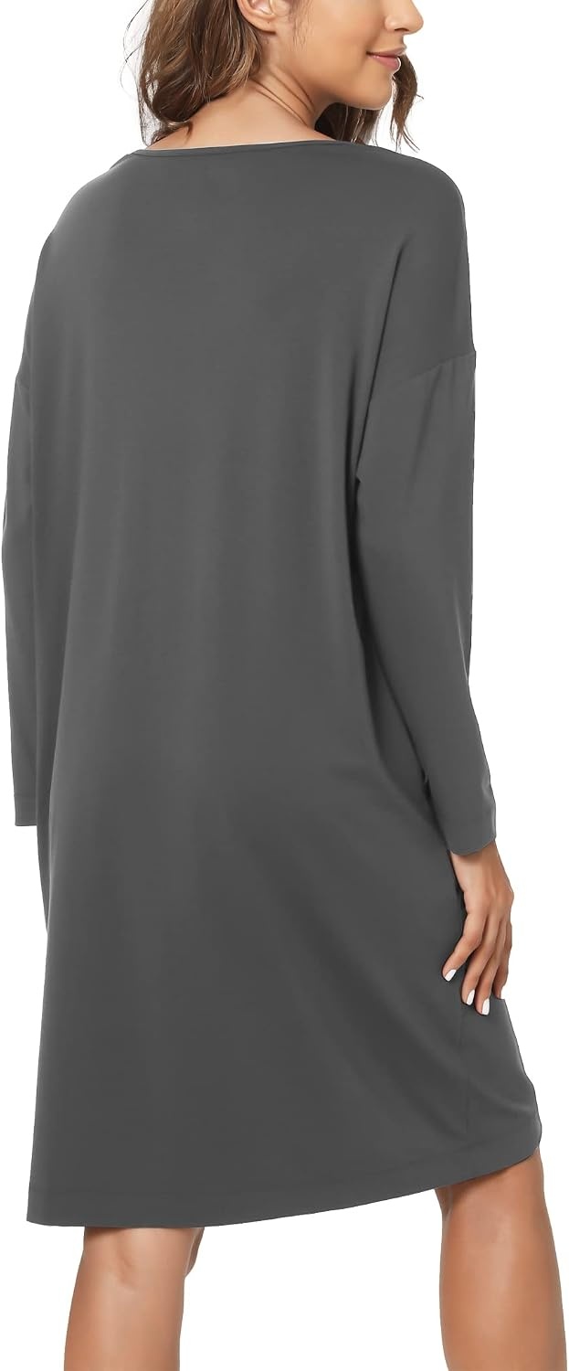 image:imageGYS Womens Bamboo Viscose Cooling Nightgown for Hot Flashes Moisture wicking Breathable Tagless Drop shoulder Long sleeve 2 pockets Durable for night sweats amp menopauseCharoal