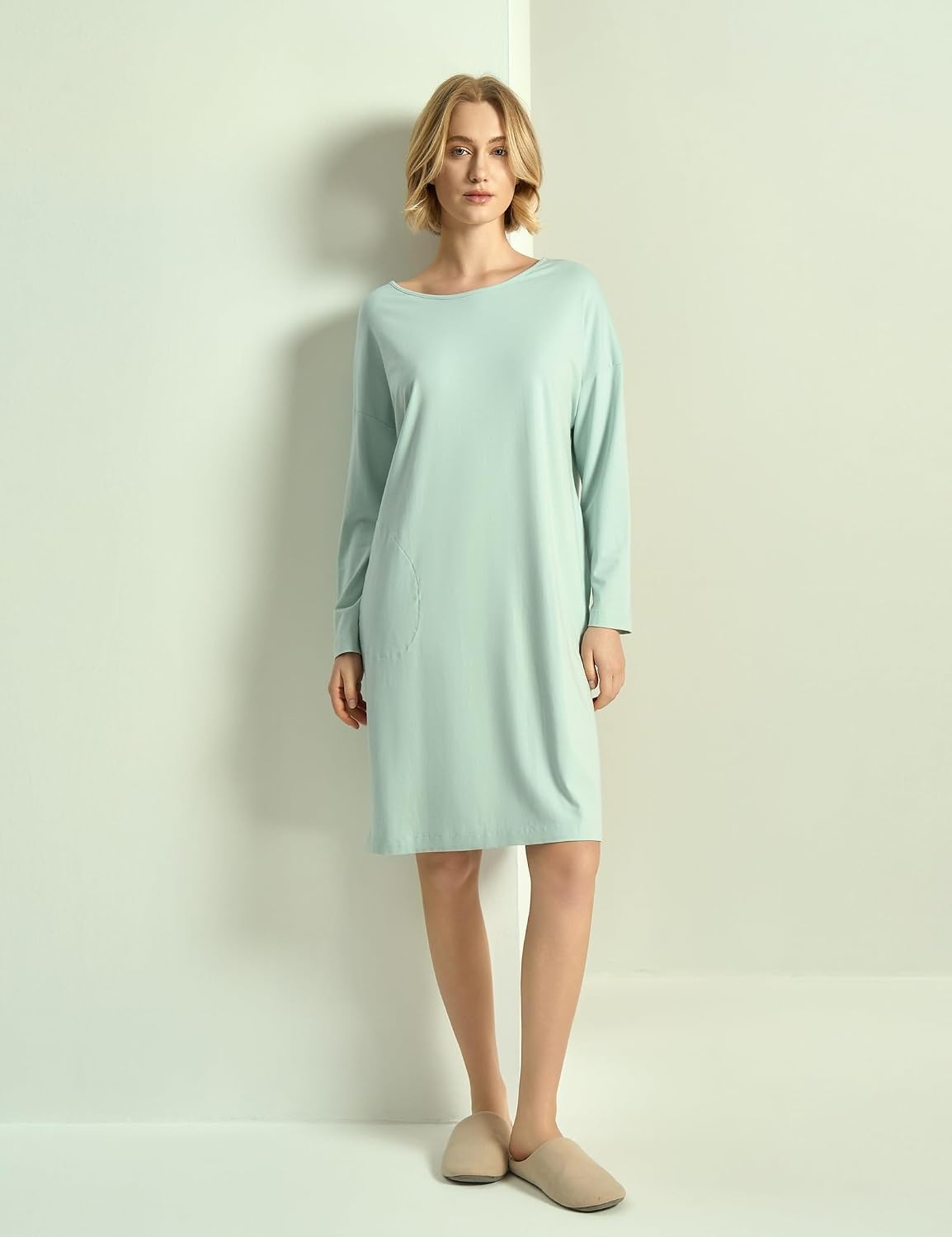 image:imageGYS Womens Bamboo Viscose Cooling Nightgown for Hot Flashes Moisture wicking Breathable Tagless Drop shoulder Long sleeve 2 pockets Durable for night sweats amp menopauseAqua Blue