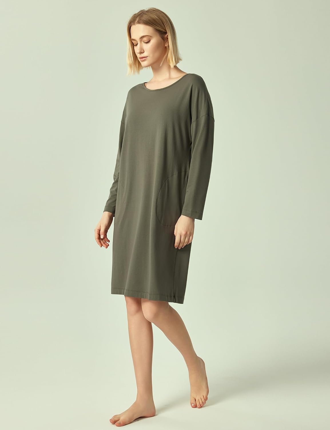 image:imageGYS Womens Bamboo Viscose Cooling Nightgown for Hot Flashes Moisture wicking Breathable Tagless Drop shoulder Long sleeve 2 pockets Durable for night sweats amp menopauseGreen