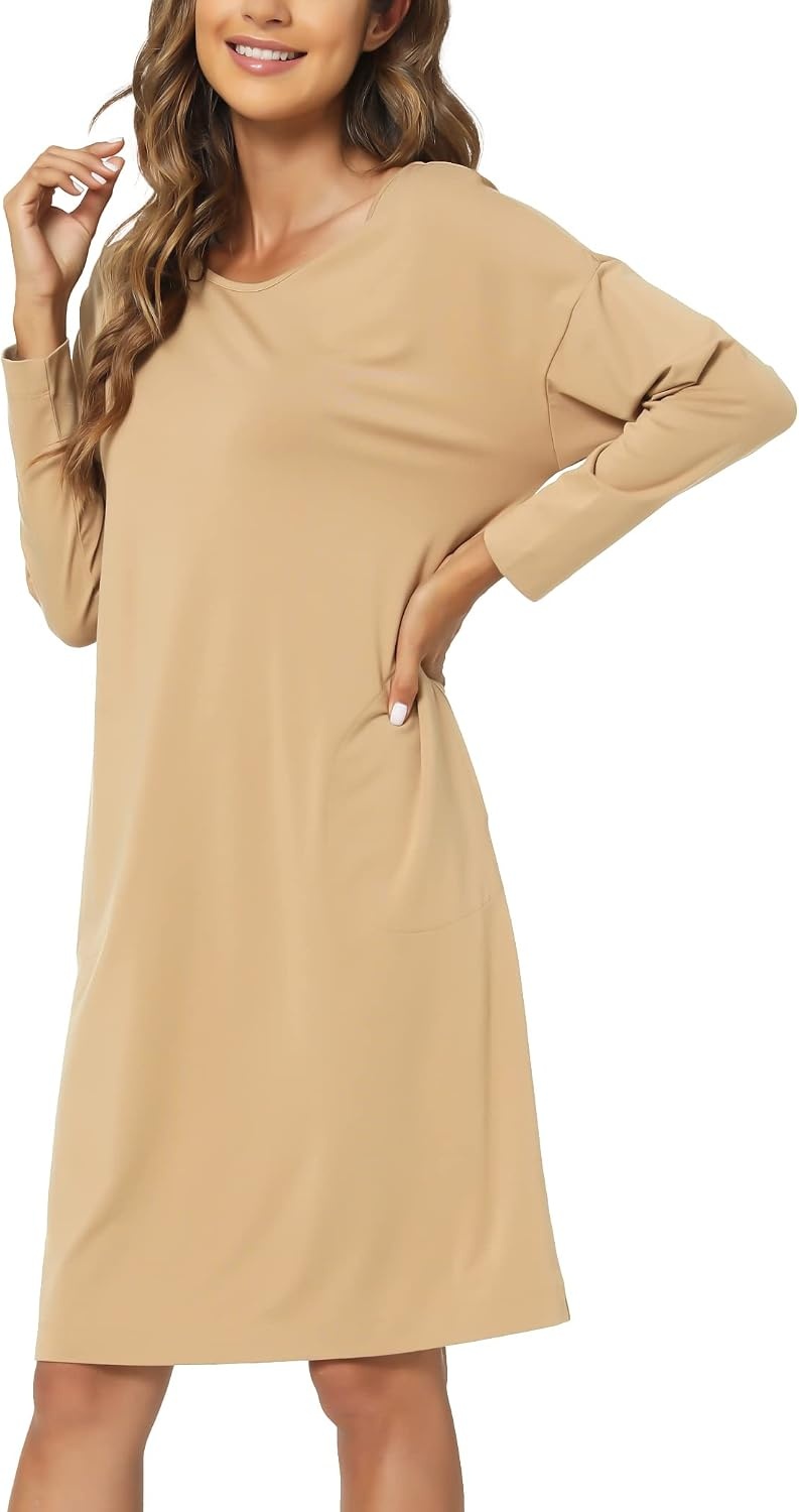 image:imageGYS Womens Bamboo Viscose Cooling Nightgown for Hot Flashes Moisture wicking Breathable Tagless Drop shoulder Long sleeve 2 pockets Durable for night sweats amp menopauseBrown