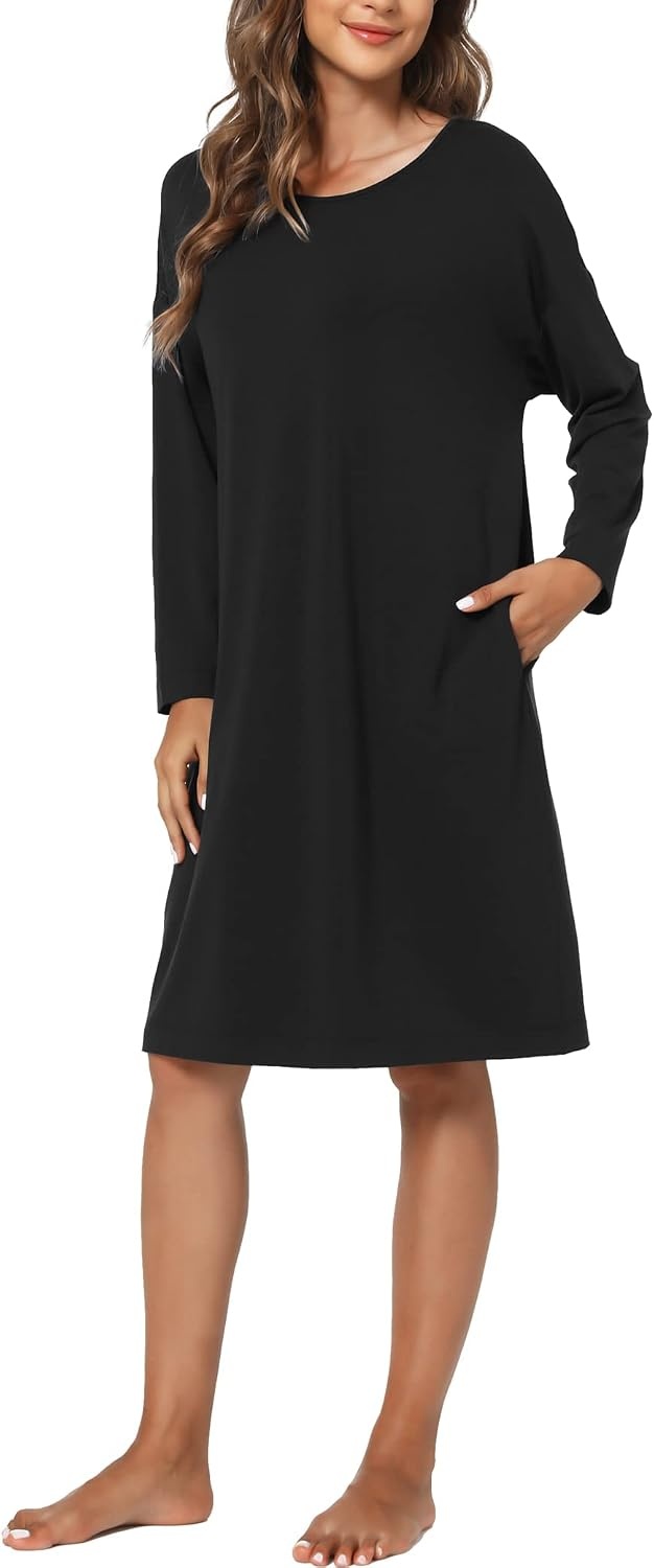 image:imageGYS Womens Bamboo Viscose Cooling Nightgown for Hot Flashes Moisture wicking Breathable Tagless Drop shoulder Long sleeve 2 pockets Durable for night sweats amp menopauseBlack