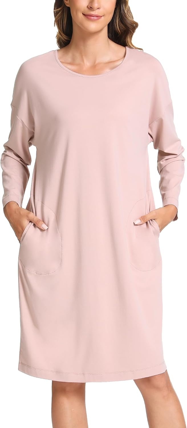 image:imageGYS Womens Bamboo Viscose Cooling Nightgown for Hot Flashes Moisture wicking Breathable Tagless Drop shoulder Long sleeve 2 pockets Durable for night sweats amp menopauseDusty Orchid