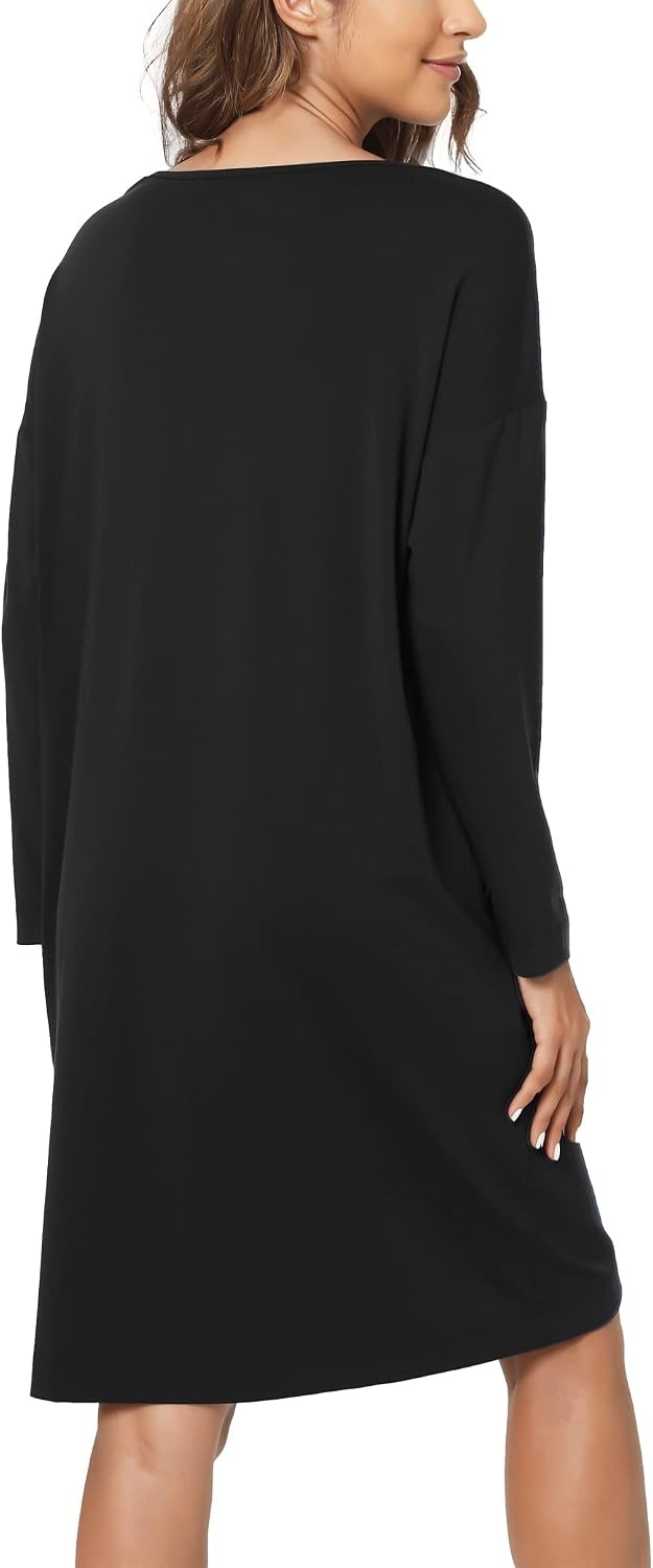 image:imageGYS Womens Bamboo Viscose Cooling Nightgown for Hot Flashes Moisture wicking Breathable Tagless Drop shoulder Long sleeve 2 pockets Durable for night sweats amp menopauseBlack