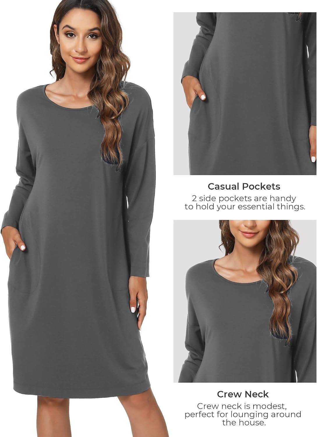 image:imageGYS Womens Bamboo Viscose Cooling Nightgown for Hot Flashes Moisture wicking Breathable Tagless Drop shoulder Long sleeve 2 pockets Durable for night sweats amp menopauseCharoal