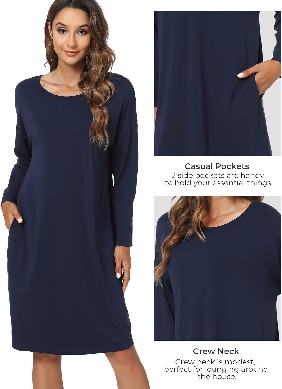 image:imageGYS Womens Bamboo Viscose Cooling Nightgown for Hot Flashes Moisture wicking Breathable Tagless Drop shoulder Long sleeve 2 pockets Durable for night sweats amp menopauseNavy