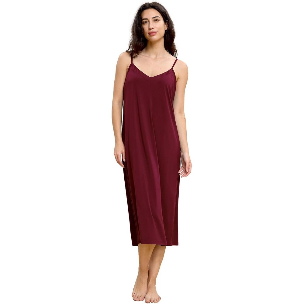 image:imageGYS Bamboo Viscose Womens Nightgowns Sexy Sleeveless Vneck Sleepwear  Silky Breathable Lightweight Cooling Adjustable Spaghetti Straps Sleepshirts BelowKnee Loose Summer Dress for WomenWine Red