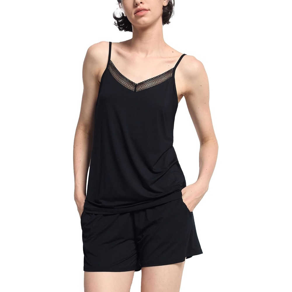 image:imageGYS Womens Bamboo Viscose Cooling Cami Pajama Set for Hot Flashes Tagless Camisole tops and shorts Lace trim Adjustable straps Elastic waist for hot flashes amp summer sleepBlack