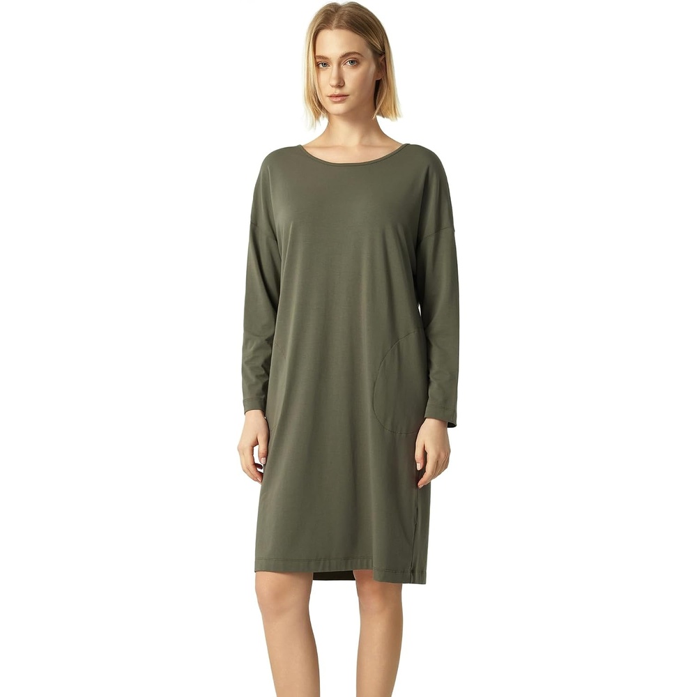 image:imageGYS Womens Bamboo Viscose Cooling Nightgown for Hot Flashes Moisture wicking Breathable Tagless Drop shoulder Long sleeve 2 pockets Durable for night sweats amp menopauseGreen