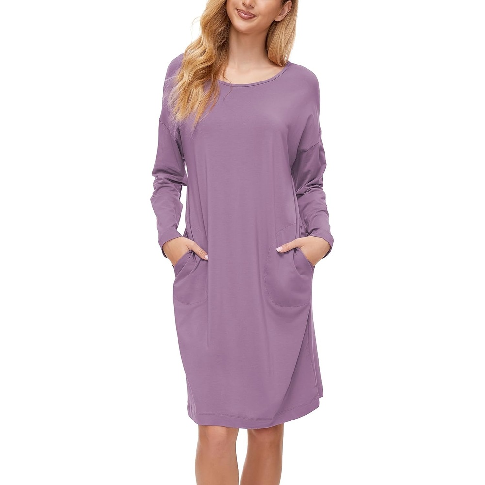 image:imageGYS Womens Bamboo Viscose Cooling Nightgown for Hot Flashes Moisture wicking Breathable Tagless Drop shoulder Long sleeve 2 pockets Durable for night sweats amp menopausePurple