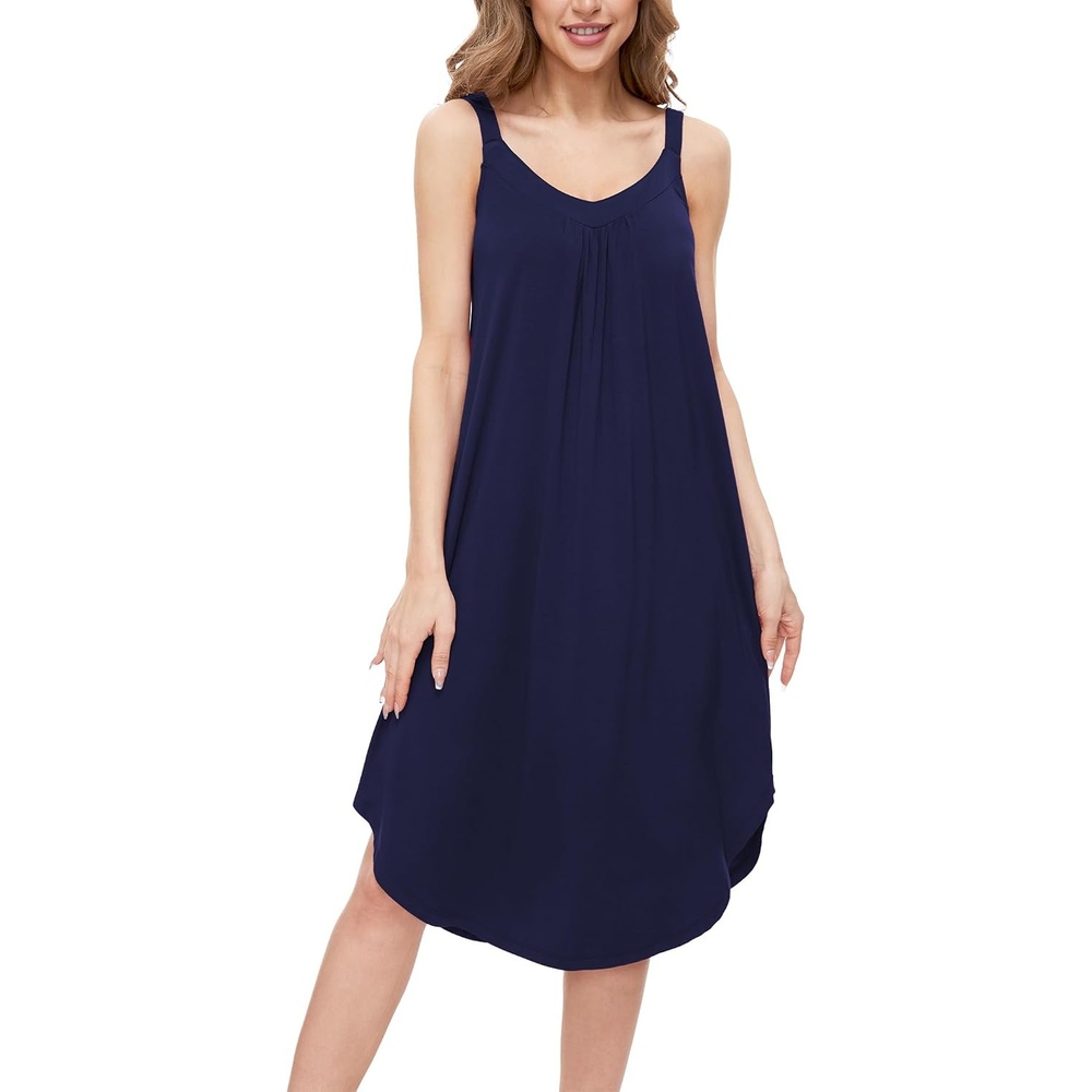 image:imageGYS Womens Bamboo Viscose Cooling Pleated Sleeveless Nightgown Cooling amp moisture wicking Comfortable amp breathable for hot sleeper Vneck Stretch soft LightweightNavy