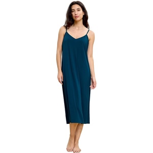 GYS Bamboo Viscose Women’s Nightgowns Sexy Sleeveless V-neck Sleepwear | Silky, Breathable, Lightweight, Cooling, Adjustable Spaghetti Straps Sleepshirts, Below-Knee Loose Summer Dress for Women(Ink Blue)
