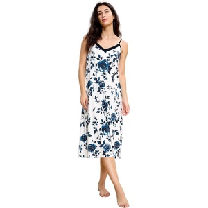 GYS Bamboo Viscose Women’s Nightgowns Sexy Sleeveless V-neck Sleepwear | Silky, Breathable, Lightweight, Cooling, Adjustable Spaghetti Straps Sleepshirts, Below-Knee Loose Summer Dress for Women(Blue Rose)