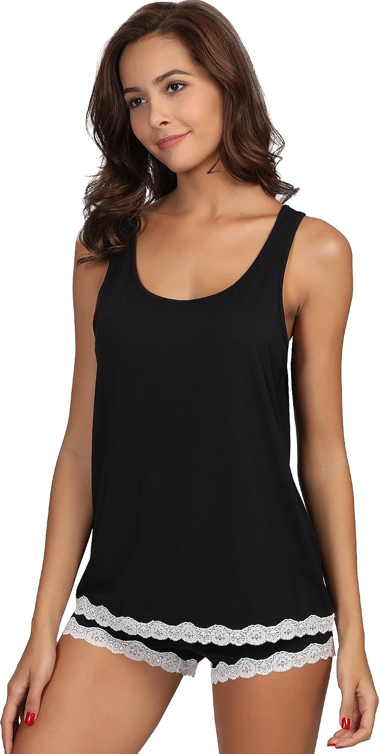 image:imageGYS Bamboo Viscose Tank Pajamas for Women Cooling Pjs Set for Hot Flashes Sleeveless Top amp Shorts Pajama Sets Moisture Wicking Sleepwear Night Sweats Comfort Soft LightweightBlack