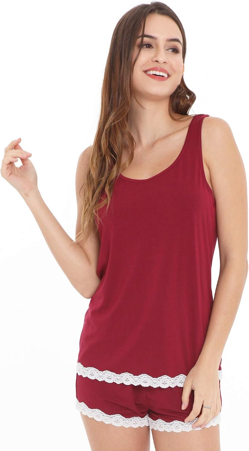 image:imageGYS Bamboo Viscose Tank Pajamas for Women Cooling Pjs Set for Hot Flashes Sleeveless Top amp Shorts Pajama Sets Moisture Wicking Sleepwear Night Sweats Comfort Soft LightweightWine Red