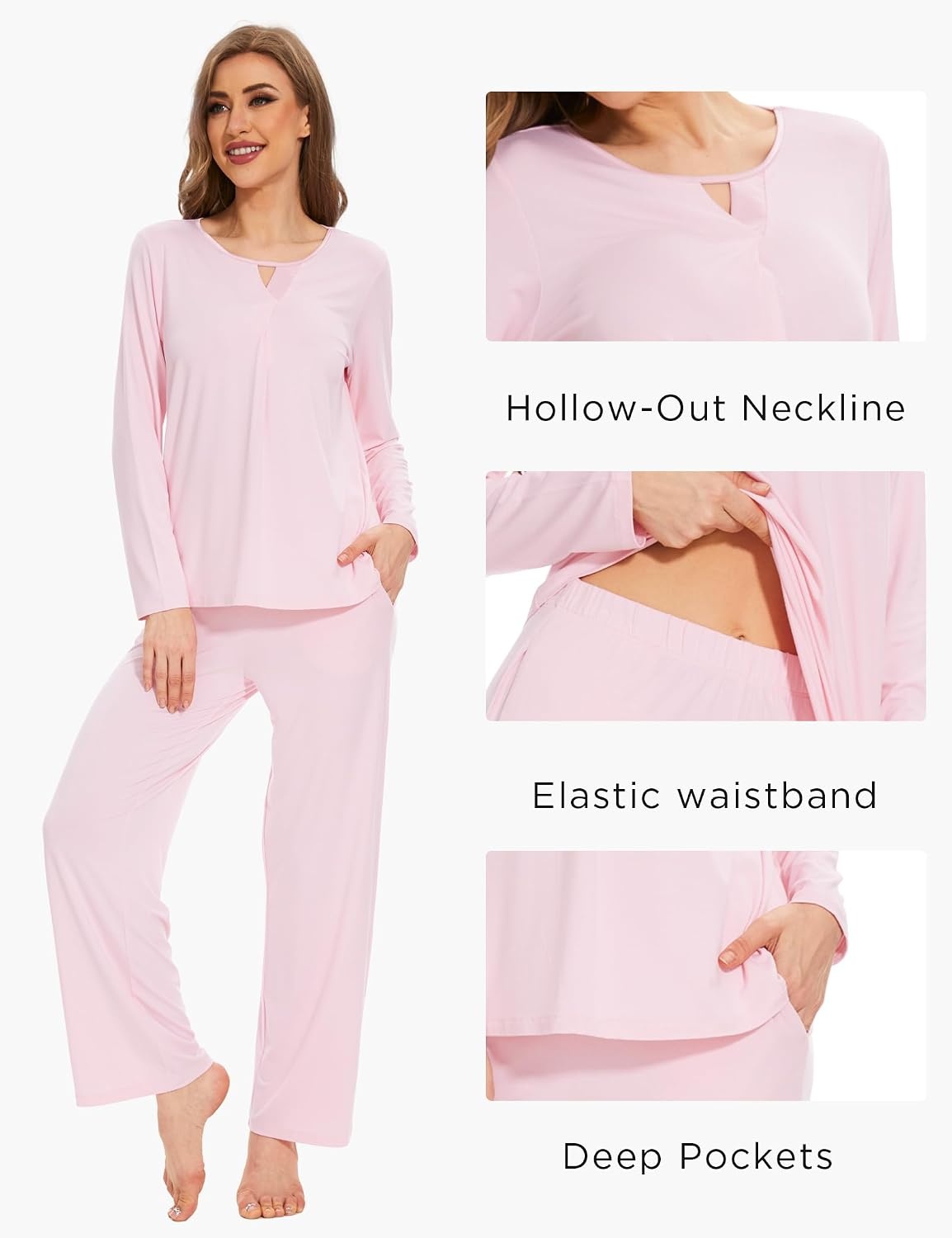 image:imageGYS Womens Bamboo Viscose Cooling Lace Trim Pajama Set Moisture wicking Breathable Tagless Soft stretch Long sleeve Elastic waist 2 pockets for night sweats amp loungeC Pink
