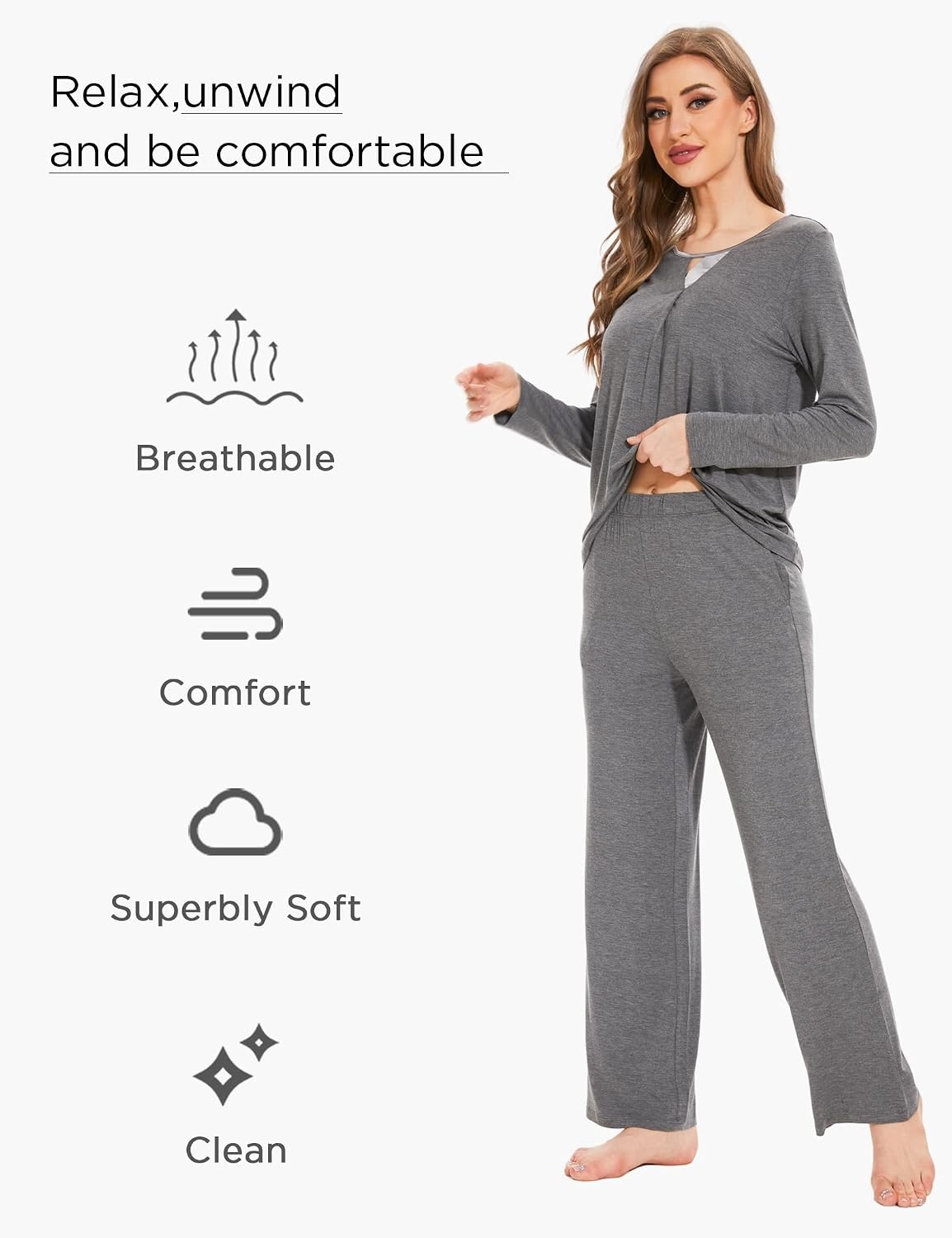 image:imageGYS Womens Bamboo Viscose Cooling Lace Trim Pajama Set Moisture wicking Breathable Tagless Soft stretch Long sleeve Elastic waist 2 pockets for night sweats amp loungeC Dark Heather Grey