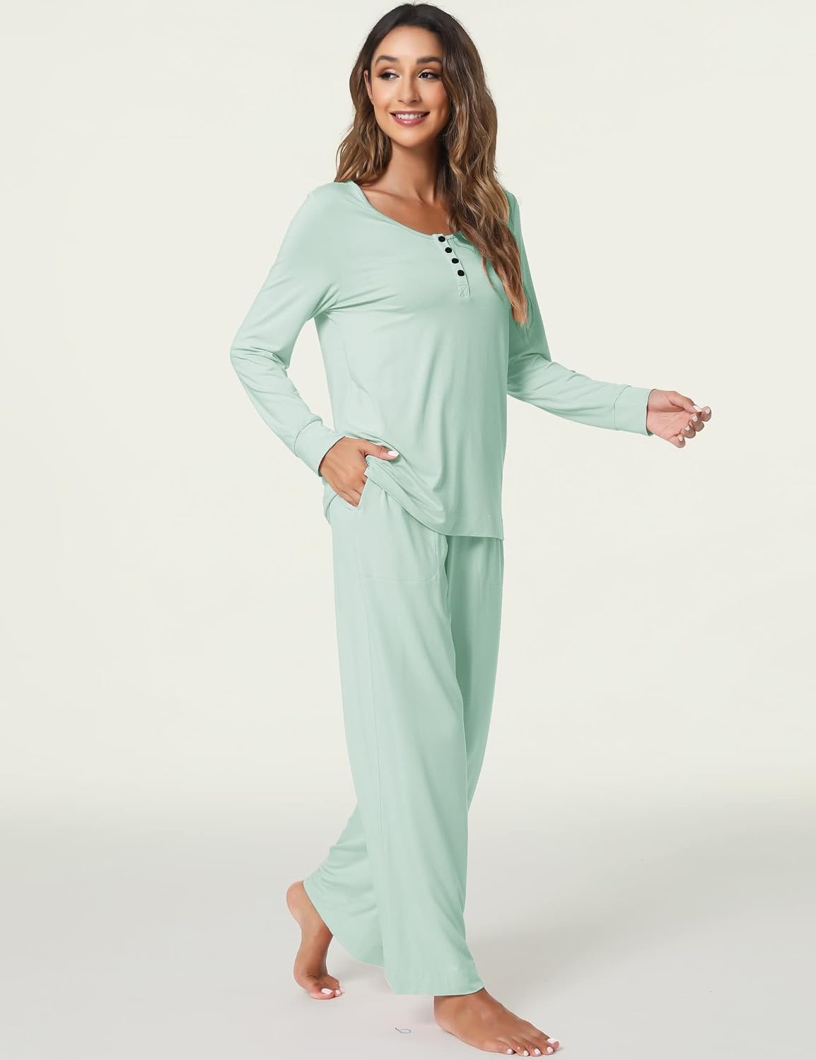 image:imageGYS Womens Bamboo Viscose Cooling Lace Trim Pajama Set Moisture wicking Breathable Tagless Soft stretch Long sleeve Elastic waist 2 pockets for night sweats amp loungeB Green